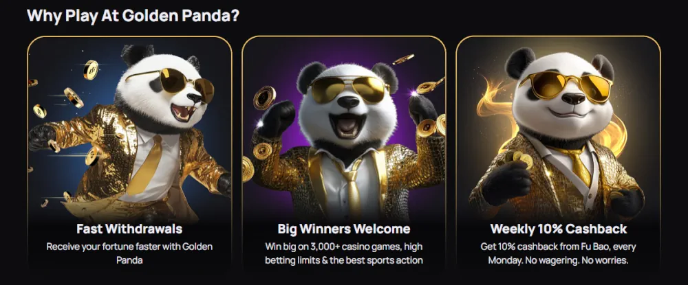 Ventajas del casino Golden Panda incluyen retiros rápidos y 10% de reembolso semanal.